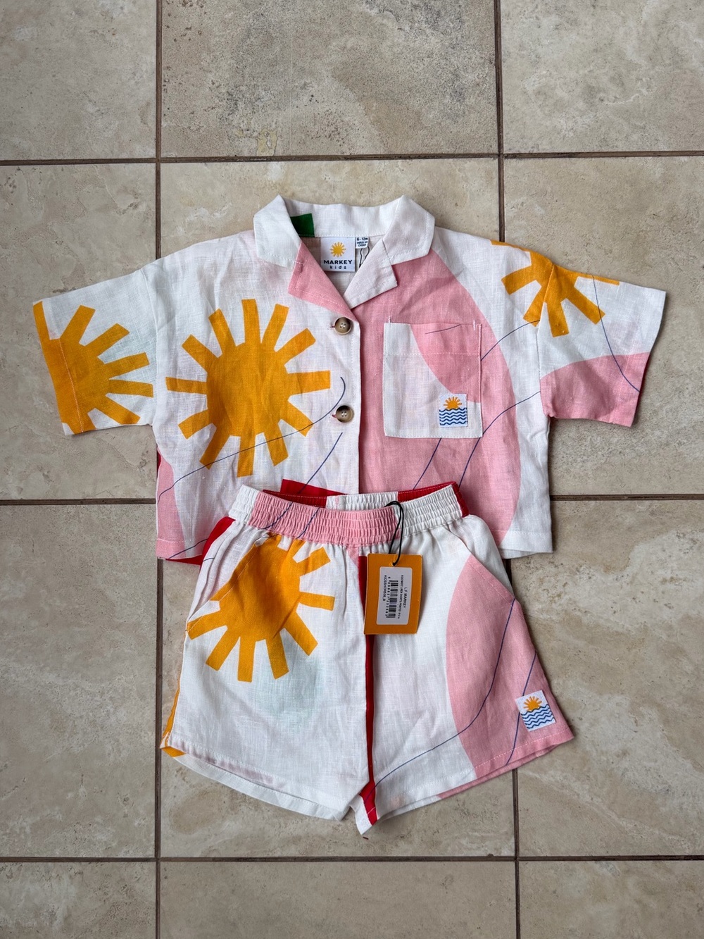 Kids Matching Set - White, Pink & Yellow Summer Shirt and Shorts